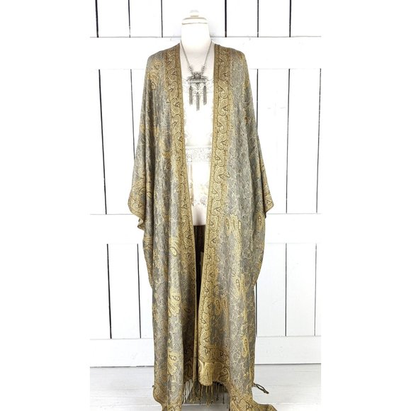 Maxi grey and beige paisley pashmina kimono cover up fringe jacket READY TO SHIP - Picture 2 of 5